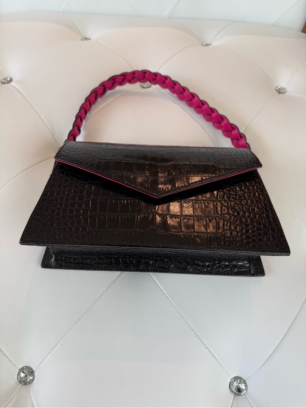 Anima Iris - Leather Black Croc-Embossed Envelope Clutch and Shoulder Bag
